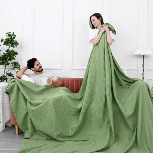 Miniatura 5 de PHF - Manta de punto gofre 100% algodón, prelavada, tamaño familiar, extra grande, tamaño King, 120"x 120" - Resistente a los enganchones, ligera