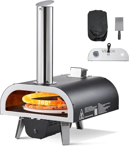 VEVOR Horno de pizza de leña para exteriores, horno de pizza de rotación automática de 12 pulgadas, máquina de pizza de pellets portátil con
