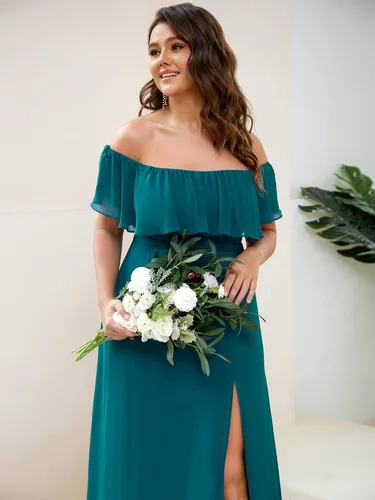 Miniatura 5 de Ever-Pretty Plus Women's Off Shoulder Short Sleeves Empire Waist Side Slit Chiffon Flowy Plus Size Bridesmaid Dresses