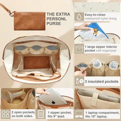 Miniatura 5 de miss fong Bolsa de pañales, bolsa de bebé, bolsa de pañales de cuero, bolsa de mano para bebé con 9 bolsillos, bolsa grande para mamá con bolso