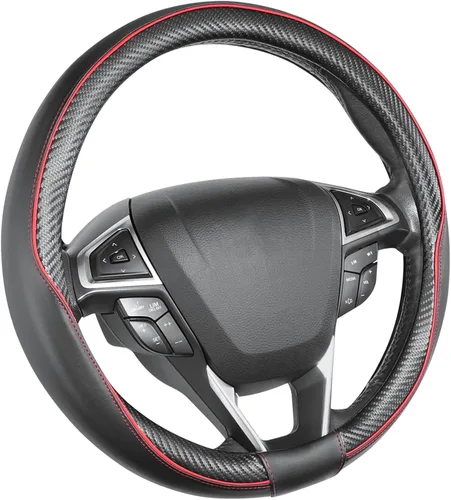 Miniatura 7 de SEG Direct - Funda universal para volante de coche, tamaño estándar de 14 1/2 a 15 pulgadas, cuero con patrón de fibra de carbono, negro y rojo
