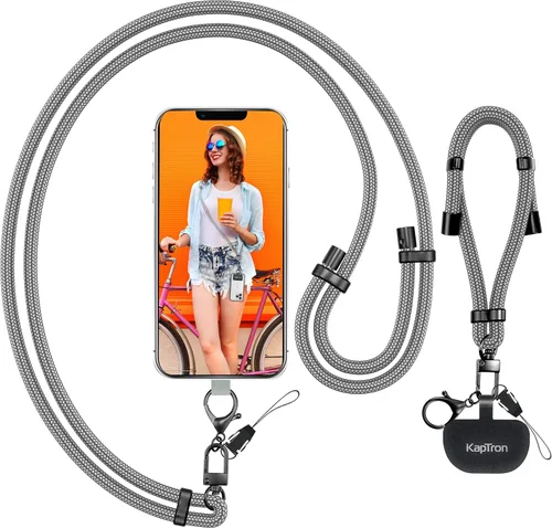 Miniatura 8 de Kaptron 2 cordones para teléfono celular: correa universal ajustable para teléfono y correa de muñeca, con 2 clips de langosta y 2 parches de Negro