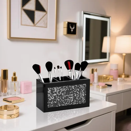 Miniatura 3 de SHYFOY Organizador Portacepillos de Maquillaje Negro, Organizador de Almacenamiento de Cepillos de Cosméticos de 3 Ranuras de Vidrio con Diamante