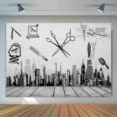Miniatura 3 de Herramientas de barbería telón de fondo, peine de corte de pelo, edificios de gran altura, pintura de pared, madera de piso, pancarta de mesa