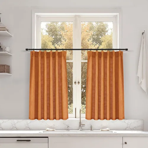 Miniatura 66 de Juego de 2 paneles de cortinas de ventana de cocina beige de 24 pulgadas de largo, con textura de lino, plisadas, filtrantes de luz, semi pequeñas