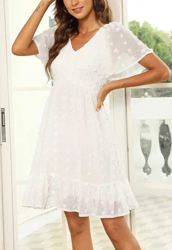 Miniatura 2 de Annebouti Vestido de verano 2024 para mujer, manga cortalarga, dobladillo con volantes, cuello en V y lunares suizos