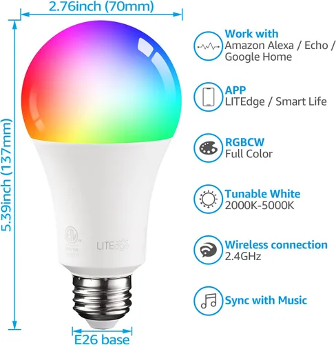 Miniatura 3 de TORCHSTAR Bombillas inteligentes A21, WiFi y Bluetooth, compatibles con Alexa, Echo y Google Home, bombilla LED inteligente RGBCW 2000K-5000K,