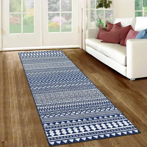 Zacoo Alfombra bohemia para pasillo de 2 x 6 pies, alfombra geométrica de pelo bajo, antideslizante, resistente a las manchas, para cocina, marino