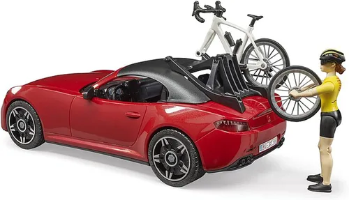 Miniatura 6 de Bruder Juguetes - Coche recreativo realista Roadster con soporte para bicicletas y bicicleta de carretera con figura de ciclista femenina, el techo