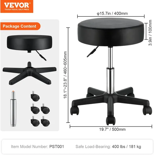 Miniatura 8 de VEVOR Taburetes rodantes con ruedas, capacidad de peso de 400 libras, taburete de altura ajustable con cojín de asiento ultra grueso, silla Negro