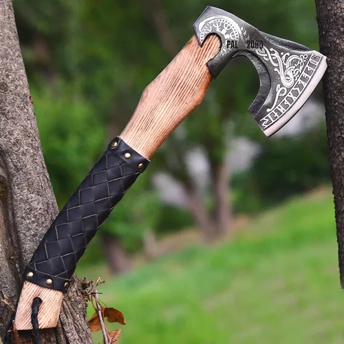 Miniatura 3 de AX-3016 Hacha vikinga de acero al carbono forjada con eje de madera de fresno - Hacha de camping barbuda vikingo
