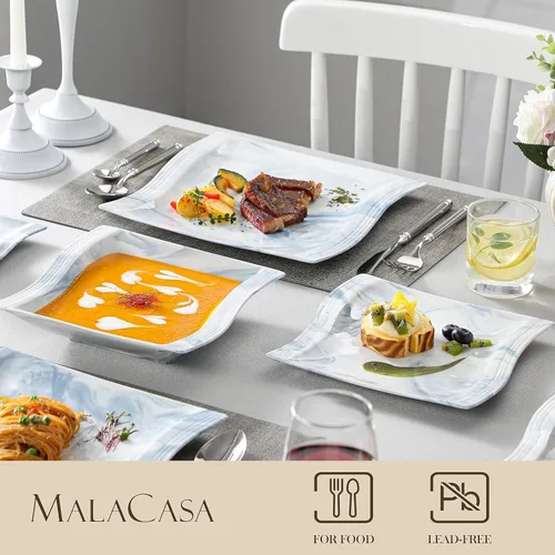 Miniatura 4 de MALACASA - Juegos de vajilla para 6, 30 piezas de platos y tazones de porcelana, juego de vajilla cuadrada con plato para cena y tazón, taza y Azul