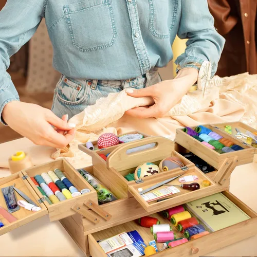 Miniatura 6 de Caja Organizadora de Costura de Madera para Suministros de Costura, Caja de Almacenamiento para Pasatiempos de Costura y Manualidades, 3 Niveles
