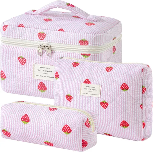 Miniatura 41 de HBselect Bolsa de maquillaje acolchada, 3 piezas de algodón grande, bolsa de maquillaje de viaje, bonita bolsa de maquillaje floral de coqueta