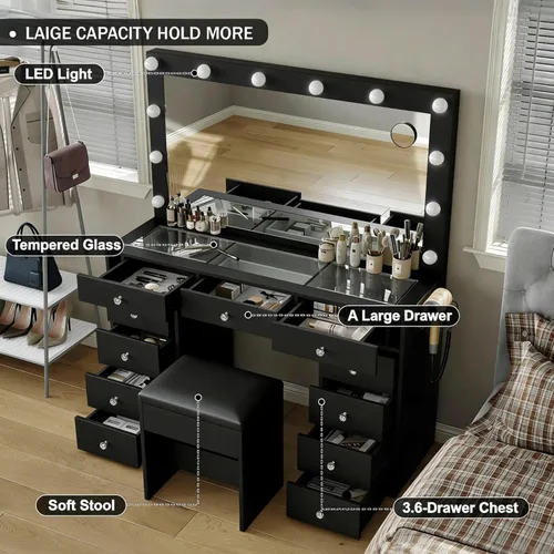 Miniatura 5 de Escritorio negro con espejo iluminado y toma de corriente, mesa de tocador de 11 cajones con silla, tocador de maquillaje con 11 bombillas