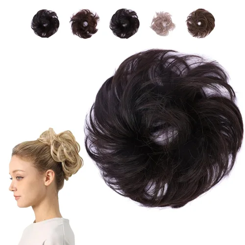 Miniatura 10 de Juvabun Pieza de pelo pequeño y desordenado color negro – Coletero sintético ondulado y rizado para mujer, mini extensión de moño para cabello fino