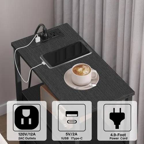 Miniatura 7 de TUTOTAK Mesa auxiliar pequeña y estrecha con LED y estación de carga, mesa lateral con tomas de corriente, mesita de noche con 2 cajones de tela