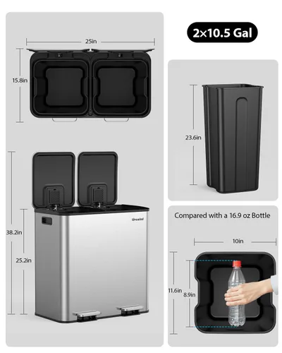 Miniatura 8 de Lovewind Bote de basura, 2 botes de basura de 10.5 galones (2 x 40 L) para cocina, doble compartimento, bote de basura con pedal para cocina