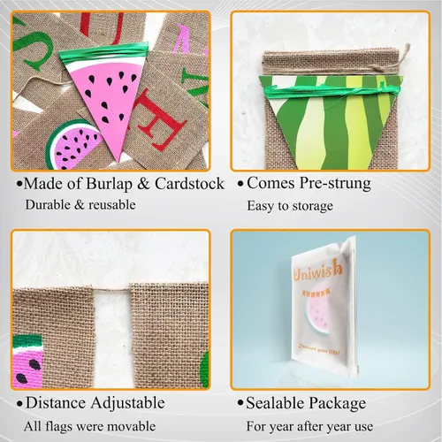 Miniatura 2 de Uniwish Cartel de arpillera de verano con temática de sandía, suministros de fiesta, decoraciones de verano, guirnalda de sandía banderines