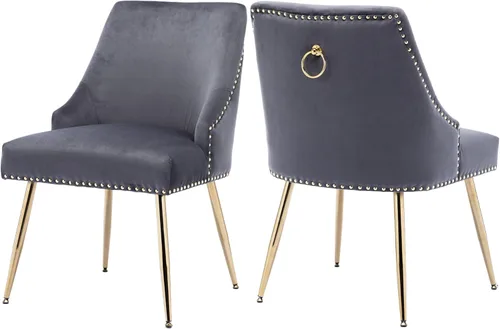 KCC Juego de 2 sillas de comedor de terciopelo con forma de cabeza de clavo con patas doradas para cocina, sala de estar (gris)
