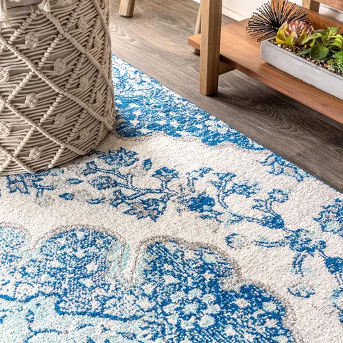 Miniatura 6 de JONATHAN Y - Alfombra de pasillo estilo bohemio vintage en crema/azul, 2x8, medallón de estilo bohemio, floral, de fácil limpieza, de alto tráfico