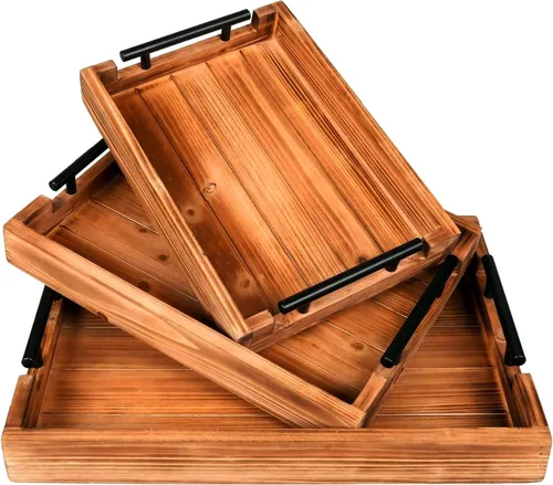 Bandeja decorativa para mesa de café, juego de bandeja de madera vintage anidada para comer, desayuno, fiesta, cocina, otomana, mesa de café de té,