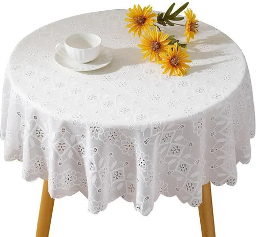 Jeloris Mantel redondo de encaje blanco con patrón floral de 48 pulgadas, mantel de encaje bordado rústico para uso diario y bohemio
