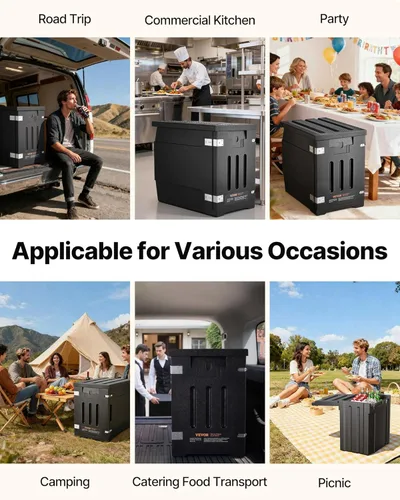 Miniatura 9 de VEVOR Transportador de bandeja de alimentos aislado, caja caliente de 95 cuartos de galón para catering, LLDPE caja de alimentos con hebillas Negro