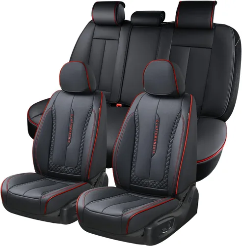 Coverado Juego completo de fundas de asiento de automóvil, fundas rojas para asientos delanteros y traseros, de piel de napa impermeable, cojín de