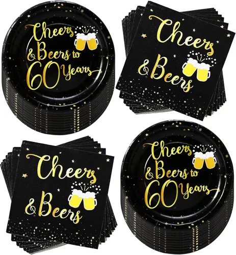 Miniatura 11 de Suministros para fiesta de cumpleaños de 90 años, juego de vajilla de alegría y cervezas, platos de 7 pulgadas y servilletas para suministros