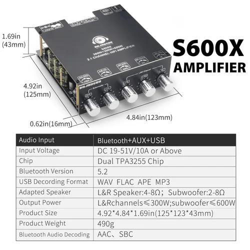 Miniatura 6 de DAJUNGUO S600X Placa de Amplificador de 2.1 Canales 300W+300W+600W de Salida de Potencia, Chip TPA3255, Bluetooth 5.2, Negro