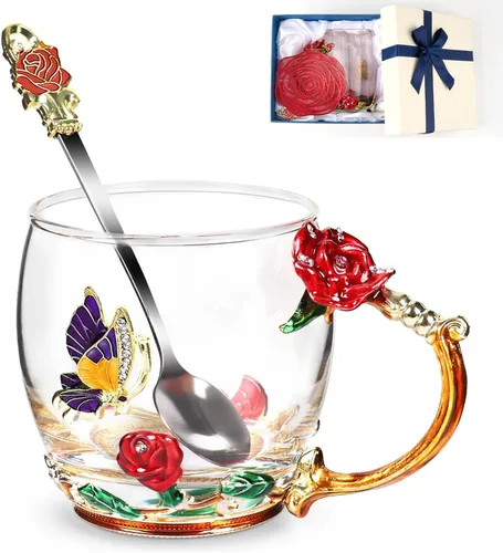 Miniatura 17 de Taza de té con flores, taza de café de vidrio transparente elegante con cuchara, caja de regalo para ella, mamá, esposa, abuela, niñas, amigas, idea
