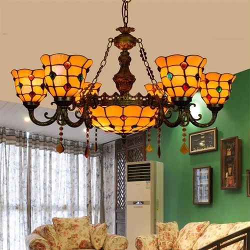 Miniatura 2 de Tiffany - Lámpara de techo con cuentas de cristal, múltiples cabezales, color amarillo mediterráneo, para comedor, sala de estar, villa, pasillo, 6
