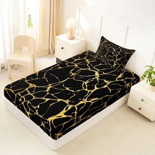 Miniatura 2 de Erosebridal Sábana bajera ajustable de mármol metálico dorado, tamaño individual, sábanas de cama con purpurina dorada negra, diseño de textura