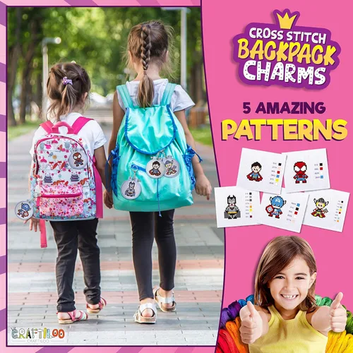 Miniatura 5 de 5 proyectos para principiantes de punto de cruz de superhéroe estampado para niños, kit de iniciación de punto de aguja, juego de costura para dijes