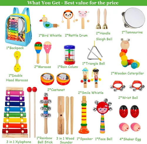 Miniatura 6 de Juego de instrumentos musicales para niños pequeños, 32 piezas, 19 tipos de instrumentos de percusión de madera, juguetes para niños que juegan