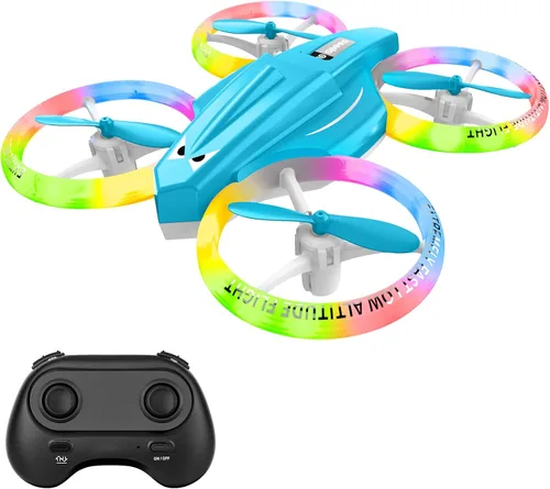 Miniatura 8 de Dron para niños y principiantes con luz LED, pequeño dron de interior con luces RC, voltereta de 360, 2 baterías, juguete volador para niños, regalo