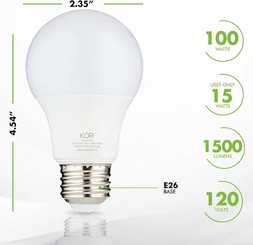 Miniatura 5 de KOR Bombillas LED equivalentes a 100 W, 15 W, 1500 lúmenes, luz blanca diurna 5000 K, no regulable, base estándar A19 E26, vida útil de 10000 horas