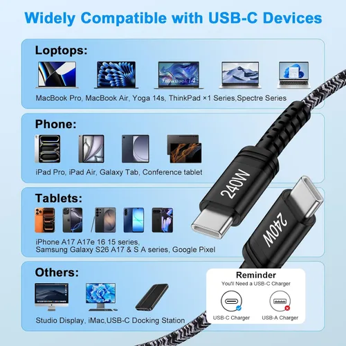 Miniatura 6 de Cable de carga USB C súper rápido para Samsung S26 de 240 W, cable de carga tipo C a tipo C, cable de 6 pies, paquete de 2 para Samsung Galaxy S26