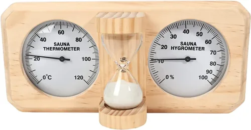 ikare Termómetro e higrómetro para sauna 3 en 1 de madera con temporizador de arena de reloj de arena de 15 minutos, accesorios de pared para sauna