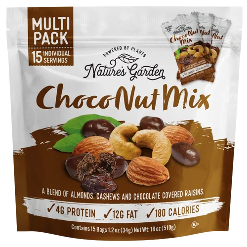 Nature's Garden Mezcla de Choco nueces, pasas cubiertas de chocolate, mezcla de nueces, almendras, anacardos, sin colesterol, sin sodio, sin