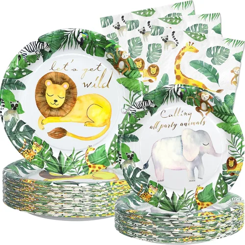 Safari Jungle Party Supplies - Juego de vajilla para fiesta de cumpleaños con temática de safari con platos, servilletas y tenedores