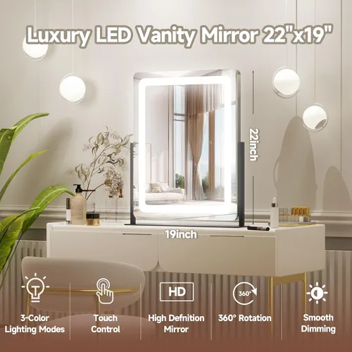Miniatura 3 de PRIMETEK Espejo de tocador con luces, espejo de maquillaje grande de 19 x 22 pulgadas con luces, espejo de maquillaje iluminado LED, pantalla táctil