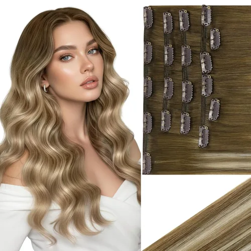 Miniatura 59 de Ve Sunny Extensiones de cabello clip-in de cabello humano real con reflejos, extensiones de cabello con clip para cabello corto, marrón oscuro
