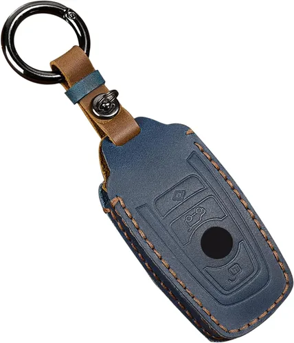 OLLEN Funda de cuero genuino para llavero sin tornillos para BMW 1, 3, 4, 5, 6, 7, Series X3, X4, M5, M6, GT, etc., forma cuadrada, color azul