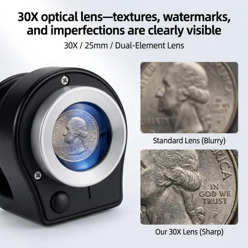 Miniatura 5 de JEYUME Lupa de lupa 30X, lupa portátil recargable para joyeros, lupa con luz púrpura y luz blanca, herramienta de joyería para monedas, joyas