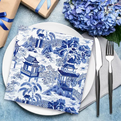 Miniatura 6 de 80 servilletas de papel toscano azul y blanco chinoiserie, servilletas de papel desechables para cena de granja, servilletas de almuerzo