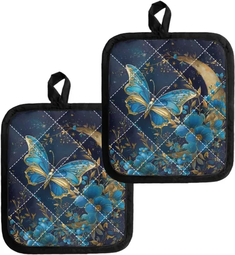 UNICEU Paquete de 2 soportes para ollas con estampado de mariposas azules, para cocinar en casa, cocina, barbacoa, parrilla, tapete para ollas