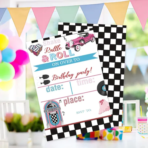 Miniatura 4 de 20 juegos de invitaciones de fiesta de cumpleaños de los años 50 con sobres, retro de los años 50 Jukebox a cuadros de doble cara impresas