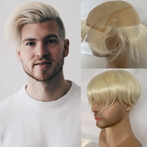 Miniatura 9 de Voloria Peluca de cabello humano europeo para hombre, 10x8 pulgadas, HD, encaje suizo, súper delgada, piel trasera, repuesto de cabello, color negro